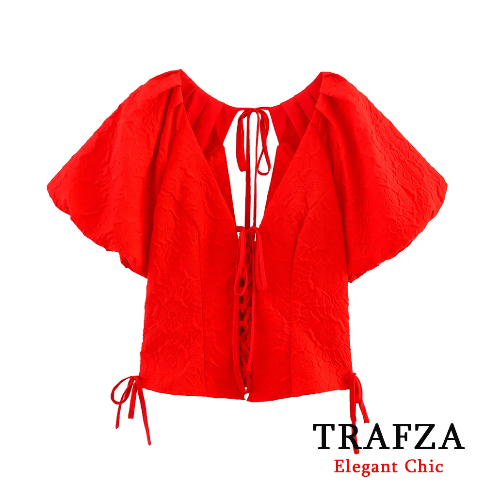 TRAFZA Women Sexy Chic Top Red Textured Puff Sleeve Deep V-Neck Backless Lace-up Bow Top New 2025 Summer Fashion Date Mujer Top
TRAFZA Women Sexy Chic Top Red Textured Puff Sleeve Deep V-Neck Backless Lace-up Bow Top New 2025 Summer Fashion Date Mujer Top