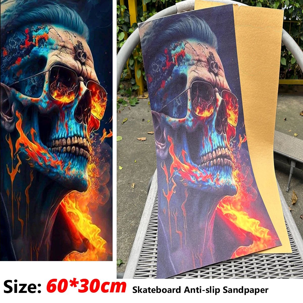 Burning flame skull pattern electric scooter anti-slip sticker, sandpaper skateboard grip tape sheet, 60*30cm
Burning flame skull pattern electric scooter anti-slip sticker, sandpaper skateboard grip tape sheet, 60*30cm