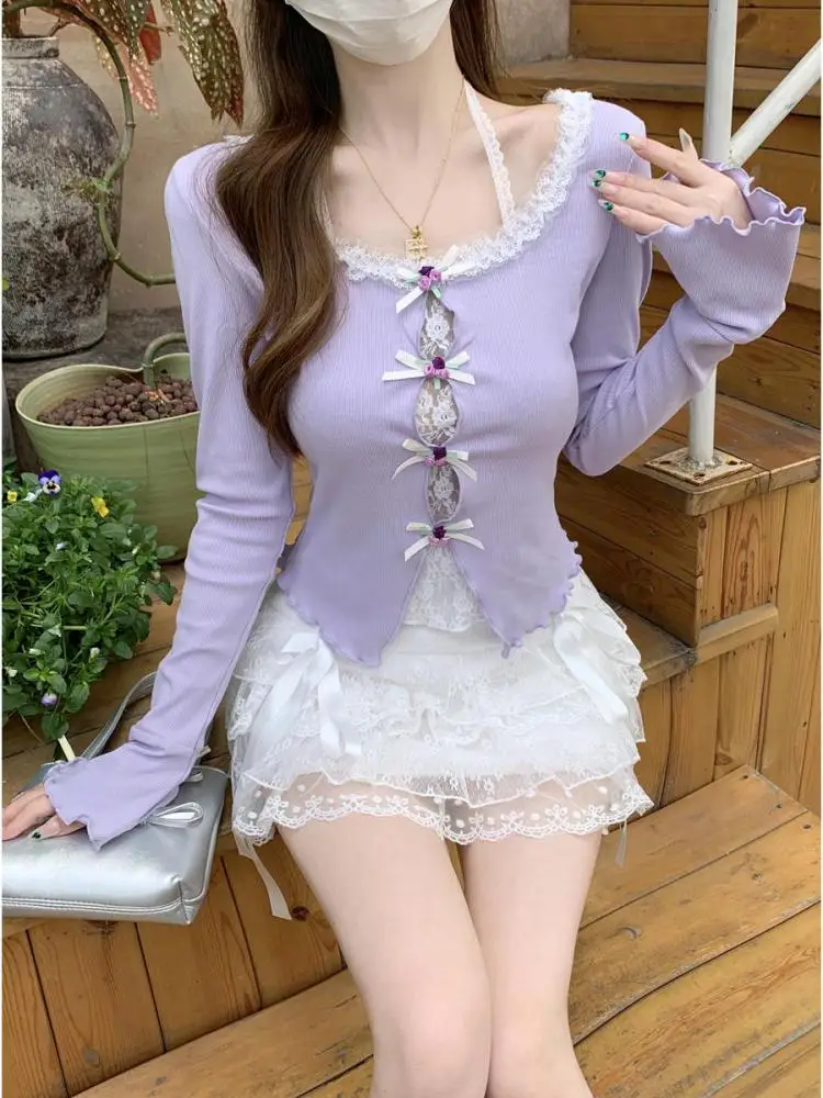 Autumn Vintage Purple Patchwork Lace Long Sleeved Vacation Bow Tops Women V Neck Elegant Versatile Short Knit Sweater Popular
Autumn Vintage Purple Patchwork Lace Long Sleeved Vacation Bow Tops Women V Neck Elegant Versatile Short Knit Sweater Popular