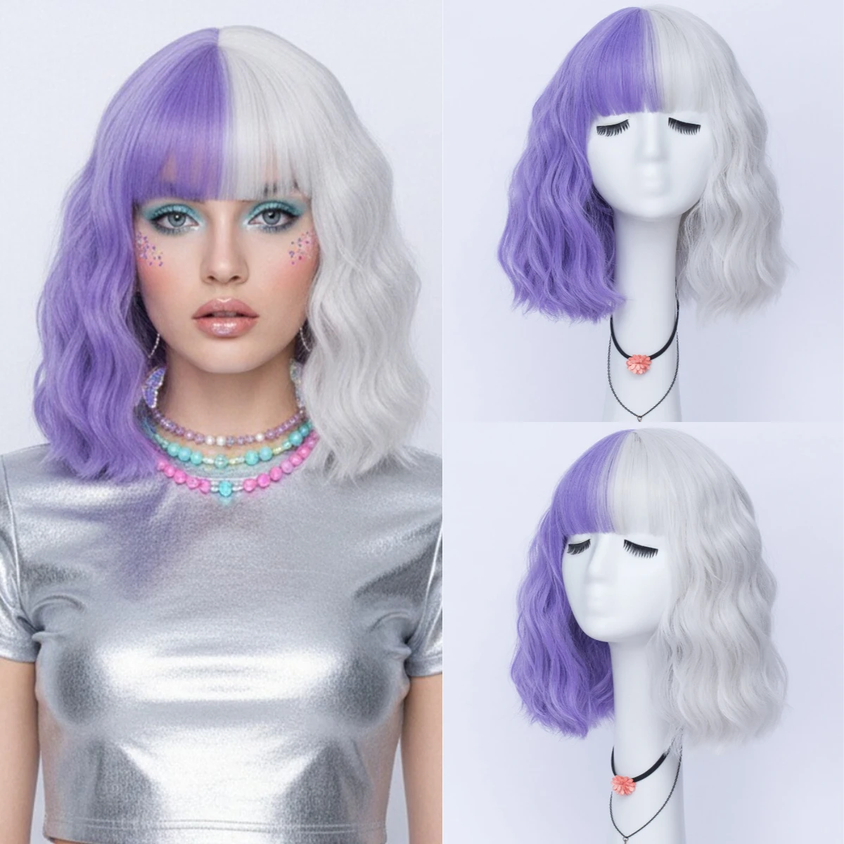 Half Purple Half White Short Curly Wig With Bangs Heat Resistant Synthetic Hair Cosplay Wig For Women Daily Party
Half Purple Half White Short Curly Wig With Bangs Heat Resistant Synthetic Hair Cosplay Wig For Women Daily Party