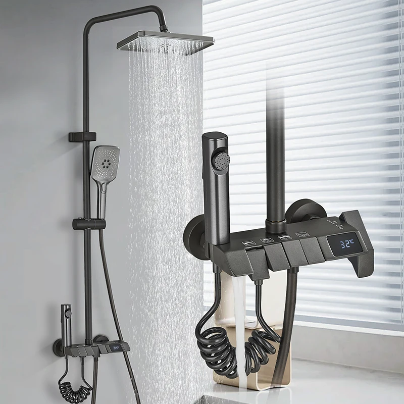 Rozin Black Smart Digital Display Shower Faucet Set Piano Style Rainlfall Bathroom System Grey Digital Mixer Tap Bidet Shower
Rozin Black Smart Digital Display Shower Faucet Set Piano Style Rainlfall Bathroom System Grey Digital Mixer Tap Bidet Shower