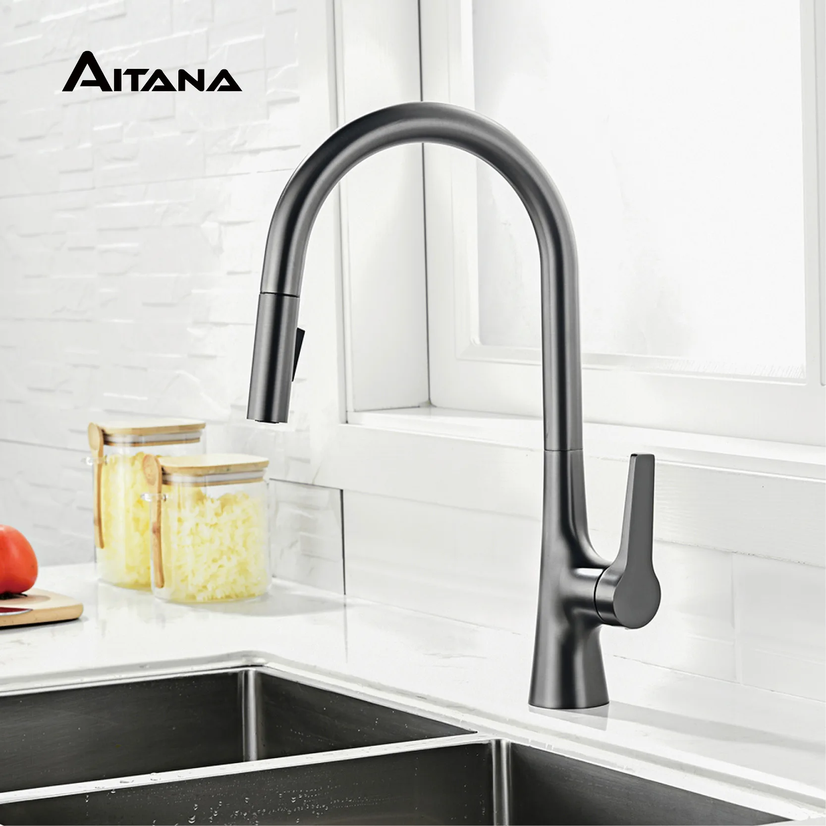Gun grey brass kitchen faucet, single hole, single handle, cold and hot double control, simple pull-out design, sink faucet
Gun grey brass kitchen faucet, single hole, single handle, cold and hot double control, simple pull-out design, sink faucet