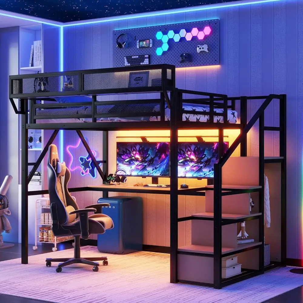 Прочная металлическая кровать-чердак с рабочим столом, RGB-подсветкой, лестницей и системой хранения для детей
Прочная металлическая кровать-чердак с рабочим столом, RGB-подсветкой, лестницей и системой хранения для детей