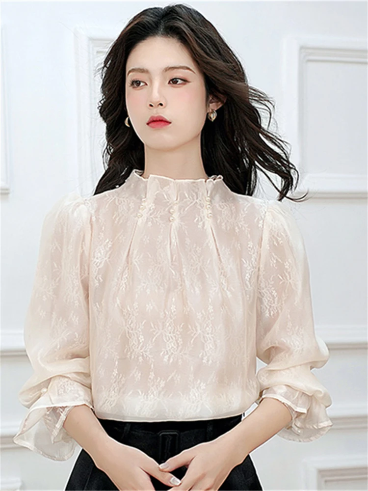 Женская кружевная блузка Ele Lace с рукавами-фонариками и воротником-стойкой, модная прямая блузка-труба для офиса, весна-осень
Женская кружевная блузка Ele Lace с рукавами-фонариками и воротником-стойкой, модная прямая блузка-труба для офиса, весна-осень