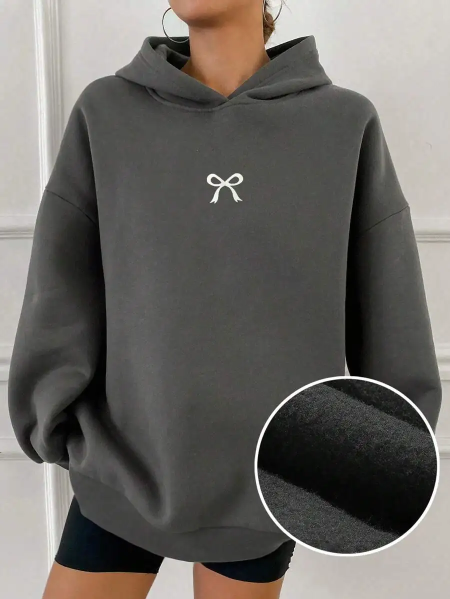 Oversized Hoodie with Bow Embroidery, Thermal Lined, Solid Gray
Oversized Hoodie with Bow Embroidery, Thermal Lined, Solid Gray