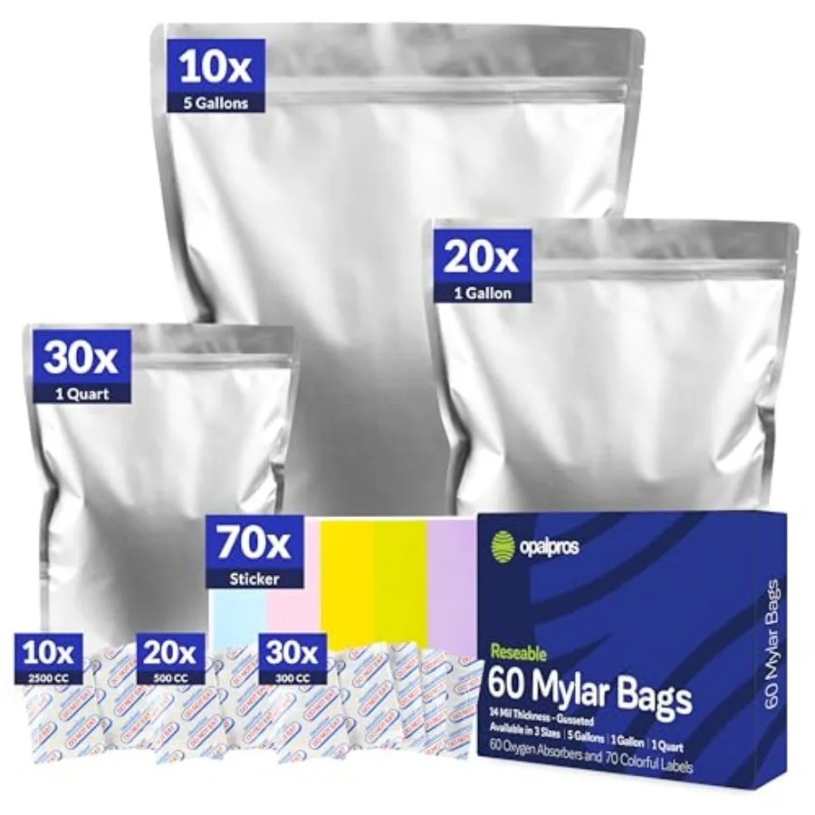 60-Pack 14 Mil Mylar Bags with Oxygen Absorbers, Gusseted 5 Gallon 10,1 Gallon(20) and 1 Quart(30) Bags with 2500cc, 500cc and
60-Pack 14 Mil Mylar Bags with Oxygen Absorbers, Gusseted 5 Gallon 10,1 Gallon(20) and 1 Quart(30) Bags with 2500cc, 500cc and