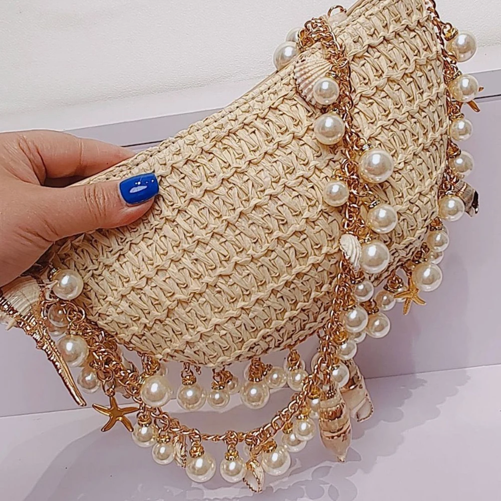 Beach Bohemian Straw Bag Women Pearls Shell Rattan Shoulder Bag Handwoven Conch Starfish Handbag Half Moon Boho Underarm Pouch
Beach Bohemian Straw Bag Women Pearls Shell Rattan Shoulder Bag Handwoven Conch Starfish Handbag Half Moon Boho Underarm Pouch