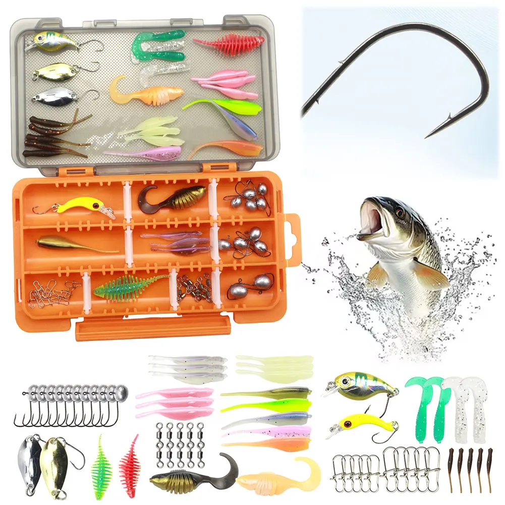63pcs Fishing Lures Kit Soft and Hard Bait Hooks Swivels with Tackle Box for Bass Pike Crankbait Tackle Accessories
63pcs Fishing Lures Kit Soft and Hard Bait Hooks Swivels with Tackle Box for Bass Pike Crankbait Tackle Accessories