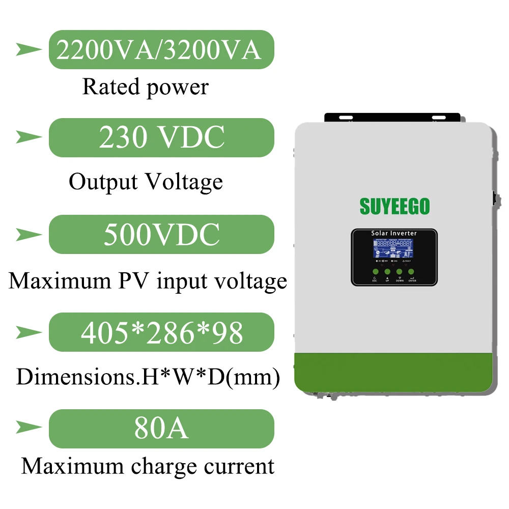 SUYEEGO 3200VA 2200VA 12V 24V DC AC 220V 230V 240V Home Use On Off Grid Pure Sine Wave Solar Inverter
SUYEEGO 3200VA 2200VA 12V 24V DC AC 220V 230V 240V Home Use On Off Grid Pure Sine Wave Solar Inverter