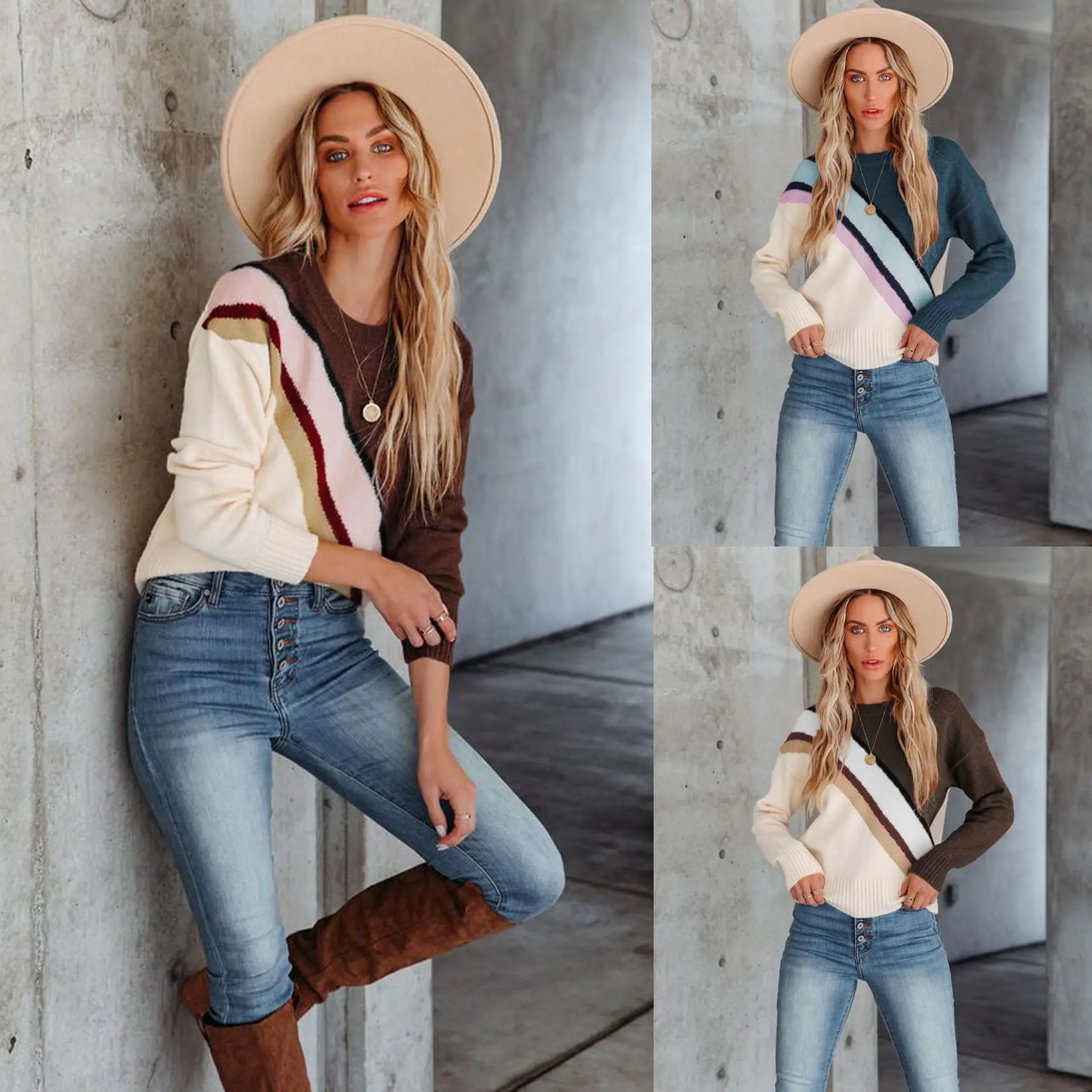 Autumn and winter women's slant between color blocking knit sweater female fashion round neck striped sweater female
Autumn and winter women's slant between color blocking knit sweater female fashion round neck striped sweater female