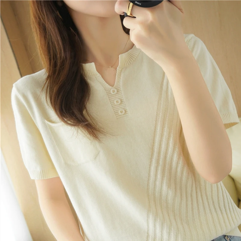 Women V-Neck Short Sleeve Sweater Shirt For Summer Solid Slim Cotton Pullover With Pocket Fashion Knitwear Clothing Top Tees
Women V-Neck Short Sleeve Sweater Shirt For Summer Solid Slim Cotton Pullover With Pocket Fashion Knitwear Clothing Top Tees
