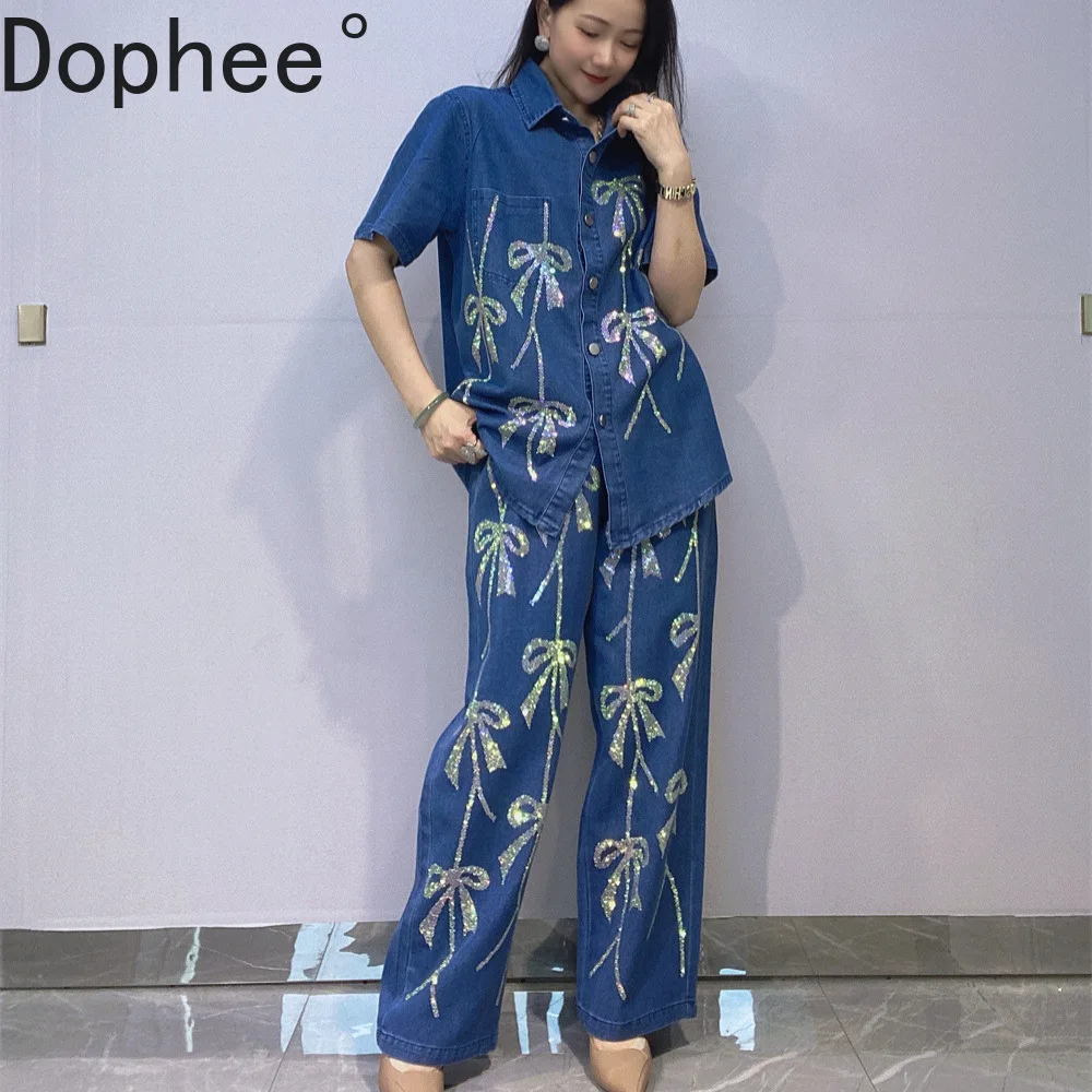 Large Size Casual Denim Sets Woman Cute Bow Hot Drilling Loose Short Sleeve Shirt Top + Elastic Waist Wide Leg Straight Pants
Large Size Casual Denim Sets Woman Cute Bow Hot Drilling Loose Short Sleeve Shirt Top + Elastic Waist Wide Leg Straight Pants