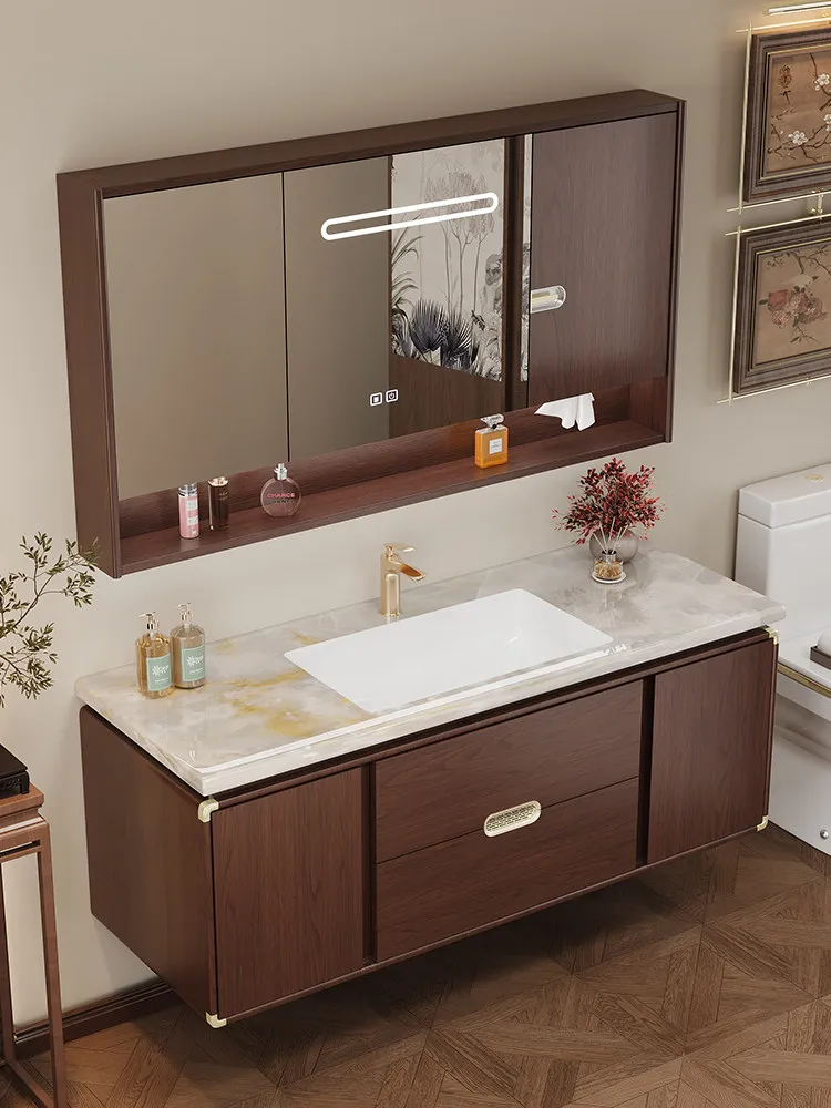New Chinese ebony rubber wood paint bathroom cabinet combination ceramic integrated washing table
New Chinese ebony rubber wood paint bathroom cabinet combination ceramic integrated washing table