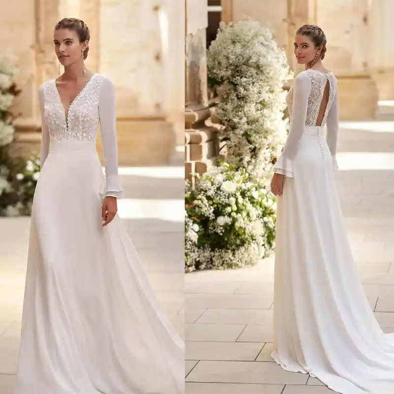 Gorgeous A Line Wedding Dresses V-Neck Appliques Flowers Lace Evening Party Gowns Vestido De Noiva Court Train Customized
Gorgeous A Line Wedding Dresses V-Neck Appliques Flowers Lace Evening Party Gowns Vestido De Noiva Court Train Customized