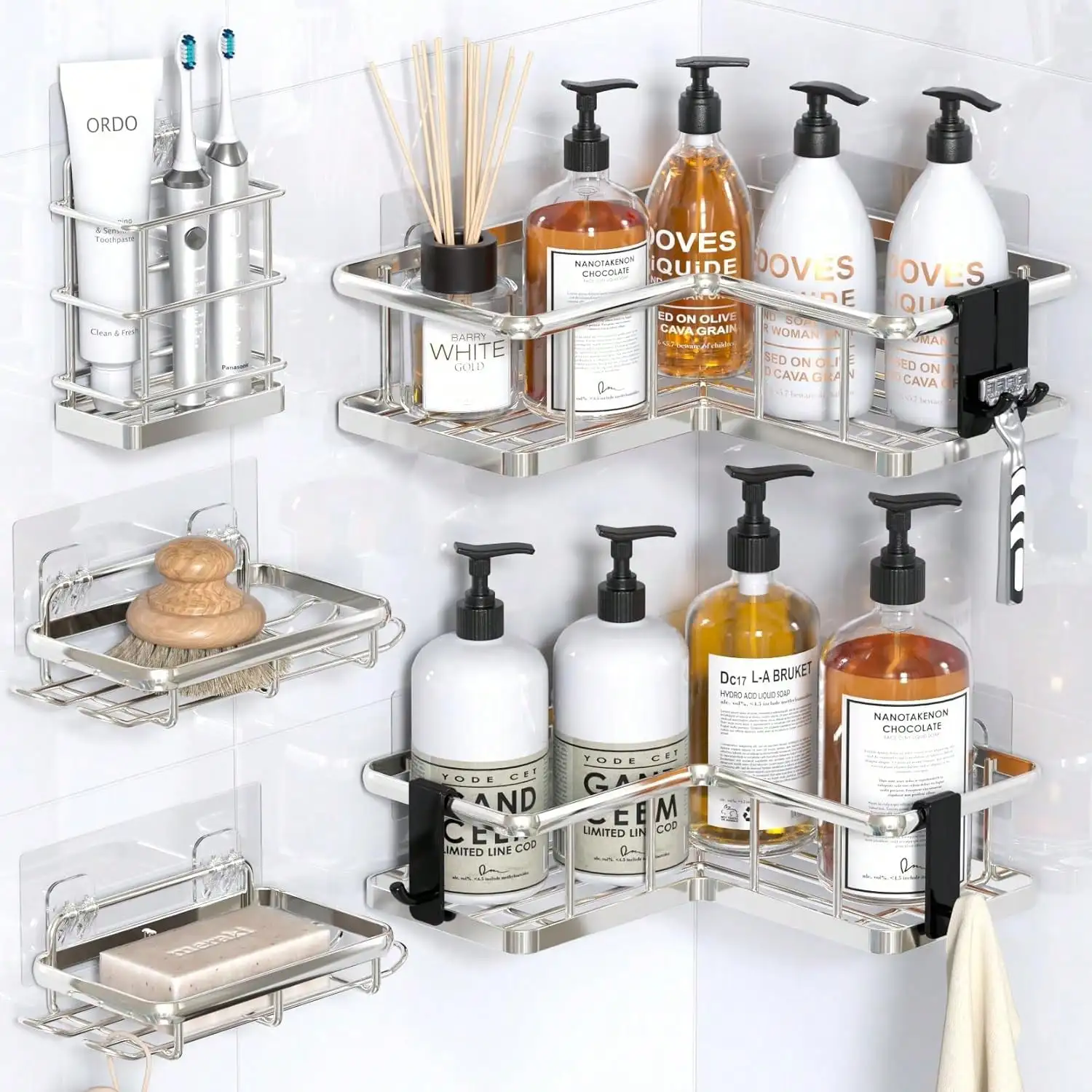 5 Pack Corner Shower Caddy, Adhesive Shower Organizers, Rustproof Stainless Steel Shower Shelves With 8 Hooks, No Drilling Bathr
5 Pack Corner Shower Caddy, Adhesive Shower Organizers, Rustproof Stainless Steel Shower Shelves With 8 Hooks, No Drilling Bathr