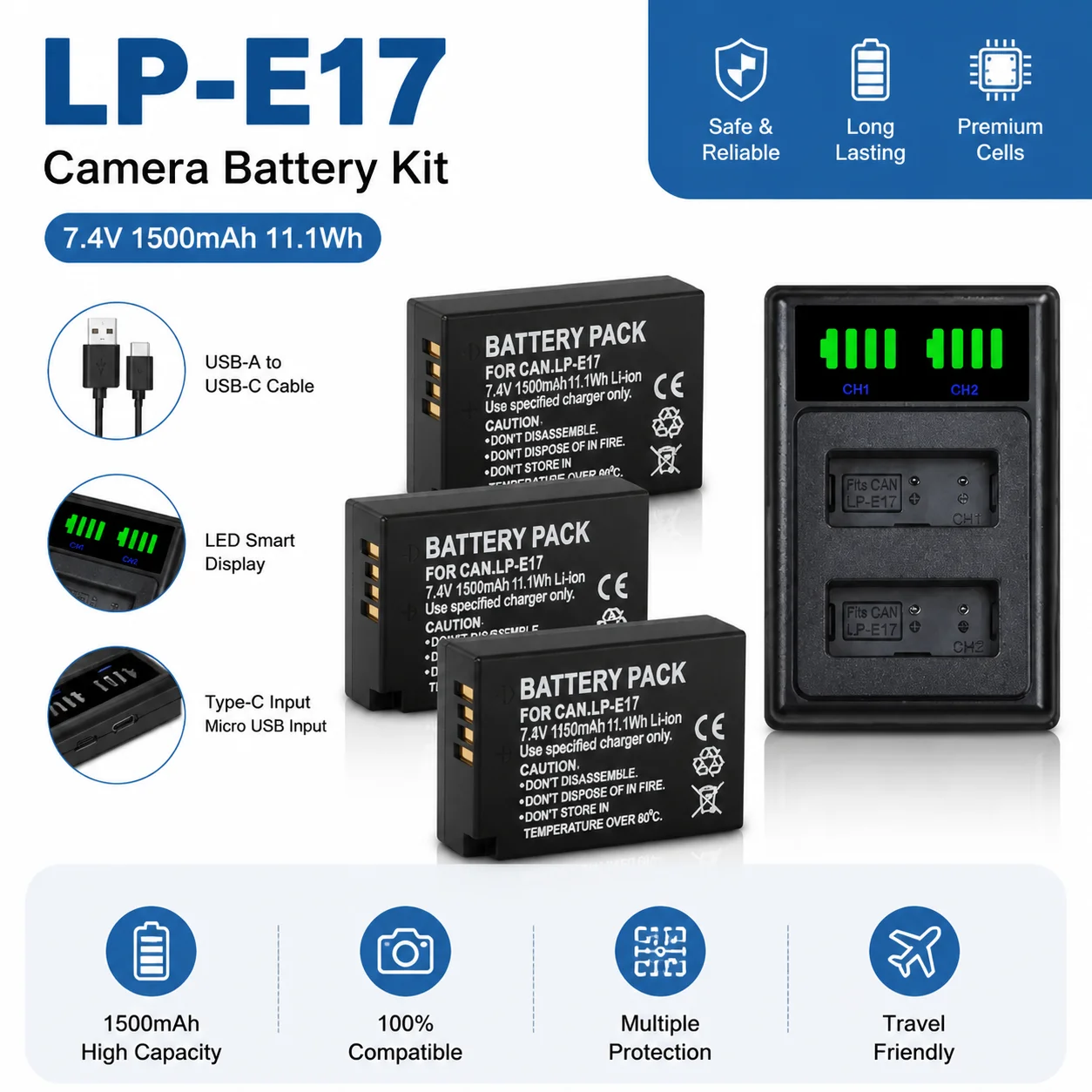 Dual USB LED Charger & LP-E17 Camera Battery Set Replacement for Canon EOS R8 RP R50 200D 250D M3 M5 M6 750D 760D T6s 800D T8i
Dual USB LED Charger & LP-E17 Camera Battery Set Replacement for Canon EOS R8 RP R50 200D 250D M3 M5 M6 750D 760D T6s 800D T8i
