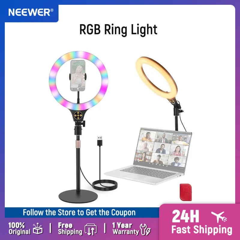 NEEWER ENTRY LEVEL VERSION N37 10.5" RGB Ring Light with Desktop Stand/Phone Holder,for iPhone/Remote, 10W CRI85+ LED Lighting
NEEWER ENTRY LEVEL VERSION N37 10.5" RGB Ring Light with Desktop Stand/Phone Holder,for iPhone/Remote, 10W CRI85+ LED Lighting