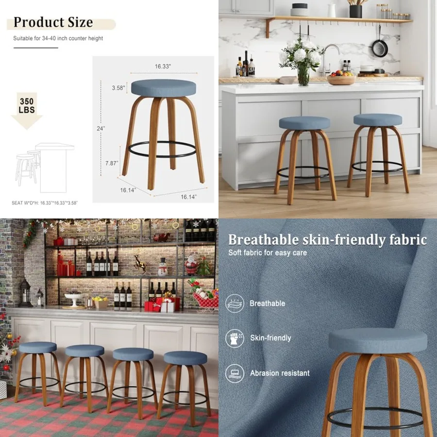Swivel Bar Stools Set of 2, 24" Counter Height Backless Bar Stools, Fabric Upholstered Seat, Sturdy Curved Wood Legs, Mid-Centu
Swivel Bar Stools Set of 2, 24" Counter Height Backless Bar Stools, Fabric Upholstered Seat, Sturdy Curved Wood Legs, Mid-Centu