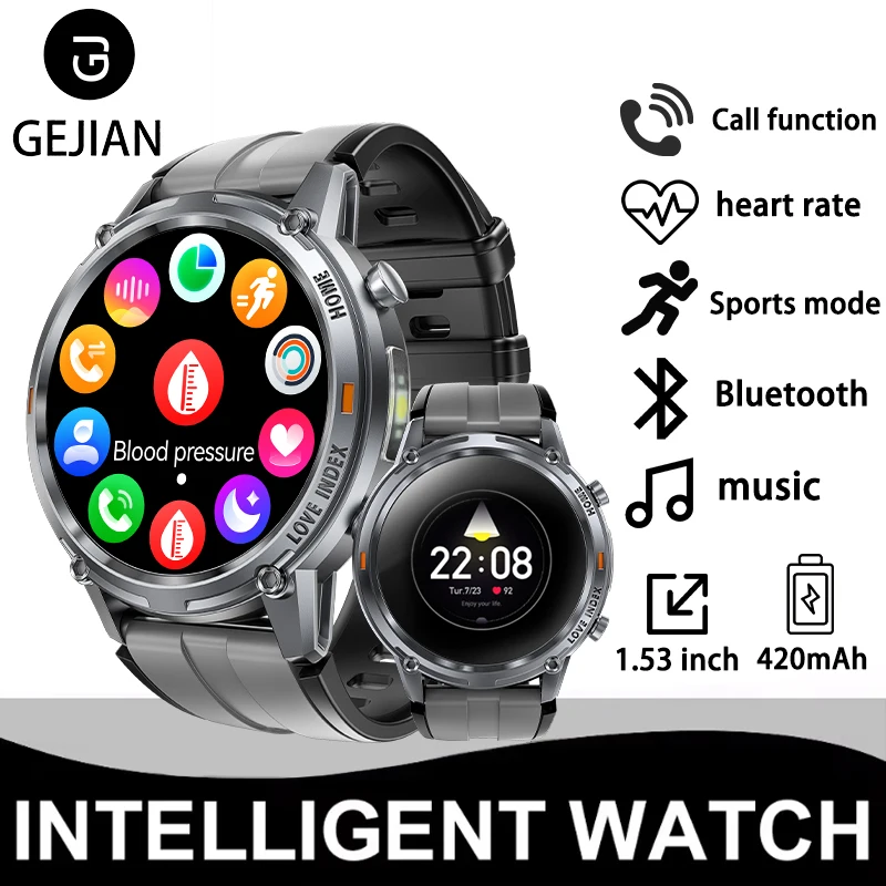 Новые мужские часы GEJIAN с Bluetooth-соединением 5,2 и 1,53-дюймовым TFT HD-экраном с разрешением 360*360, мужские умные мужские часы для занятий спортом на открытом воздухе 
Новые мужские часы GEJIAN с Bluetooth-соединением 5,2 и 1,53-дюймовым TFT HD-экраном с разрешением 360*360, мужские умные мужские часы для занятий спортом на открытом воздухе