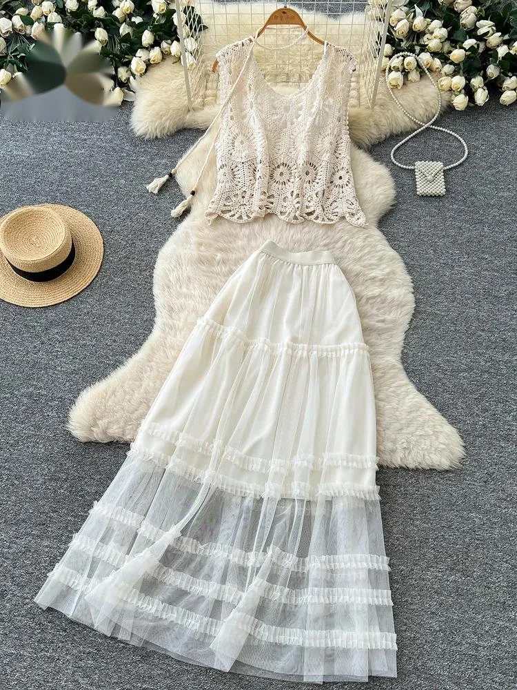Boho Crochet Holiday Outfits Summer Beach Sleeveless Hollow Out Tank Top+Mesh A-line Skirt Women Simple Loose 2Pcs Set
Boho Crochet Holiday Outfits Summer Beach Sleeveless Hollow Out Tank Top+Mesh A-line Skirt Women Simple Loose 2Pcs Set
