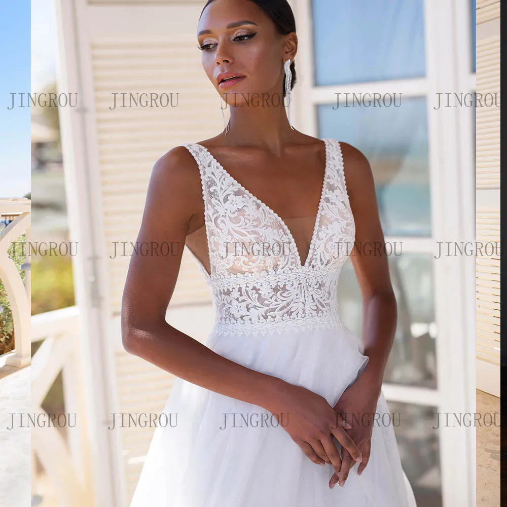 Customized Wedding Dresses V-neck Glitter Tulle A-line Bridal Gowns Spaghetti Strap Lace Appliques With Train Brides dress
Customized Wedding Dresses V-neck Glitter Tulle A-line Bridal Gowns Spaghetti Strap Lace Appliques With Train Brides dress