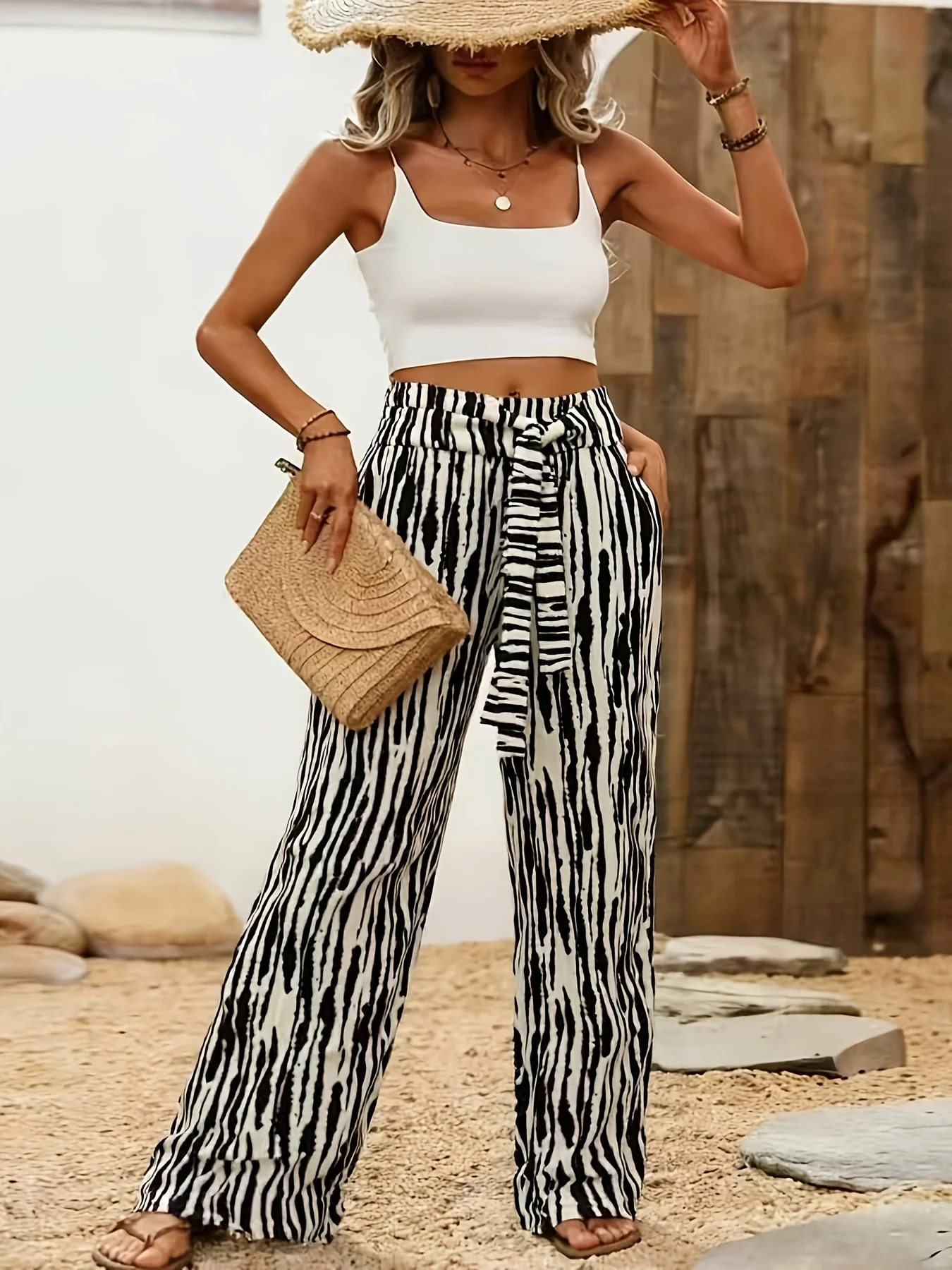 Black and White Tie-Dye Stripe Wide Leg Pants, Tie Waist, Vacation Style Drapey Casual Trousers
Black and White Tie-Dye Stripe Wide Leg Pants, Tie Waist, Vacation Style Drapey Casual Trousers