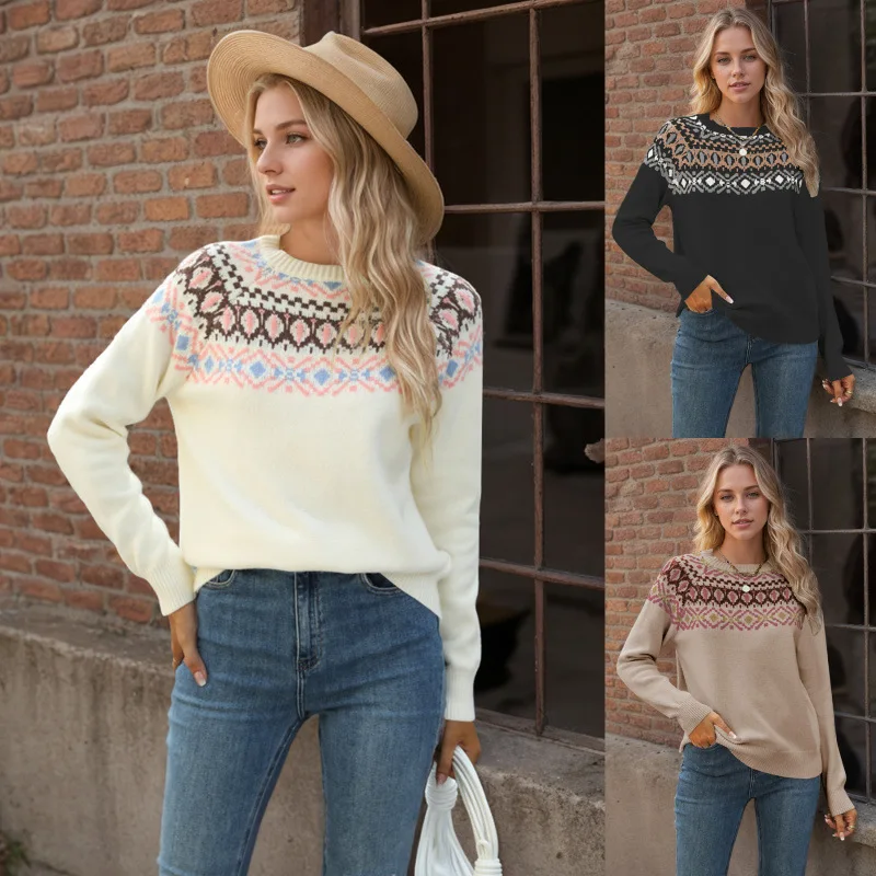 2025 European and American new sweater women wish round neck color block loose fashion pullover knitted sweater 
2025 European and American new sweater women wish round neck color block loose fashion pullover knitted sweater