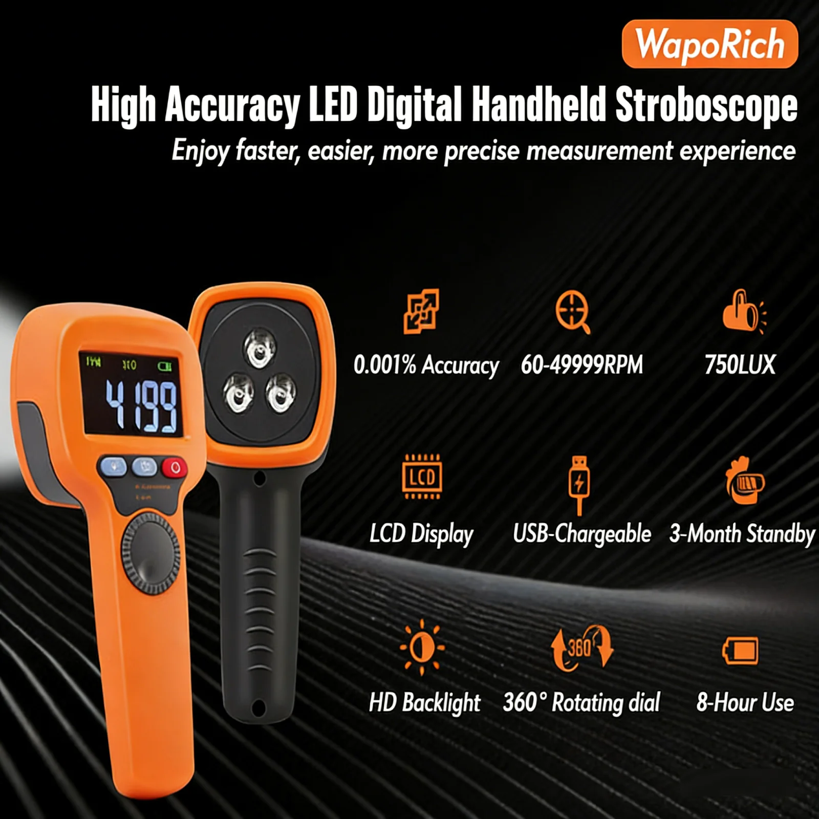Handheld LED Stroboscope,0.001% Accuracy 60-49999RPM Non-Contact Digital Tachometer,USB Rechargeable Meter for Industrial Use
Handheld LED Stroboscope,0.001% Accuracy 60-49999RPM Non-Contact Digital Tachometer,USB Rechargeable Meter for Industrial Use