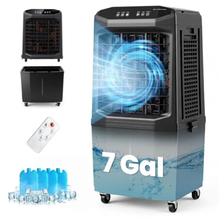 Swamp cooler for room/garage/patio use, plastic housing, gray color, 1800 CFM airflow with 3 speeds, 4 ice boxes, 12H timer, re
Swamp cooler for room/garage/patio use, plastic housing, gray color, 1800 CFM airflow with 3 speeds, 4 ice boxes, 12H timer, re