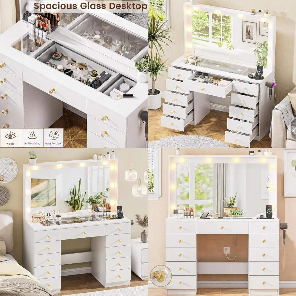 Large Mirrored Vanity Desk with 10 LED Lights, Glass Top, 11 Drawers, Crystal Handles, and Power Outlet for Women and Girls (Whi
Large Mirrored Vanity Desk with 10 LED Lights, Glass Top, 11 Drawers, Crystal Handles, and Power Outlet for Women and Girls (Whi