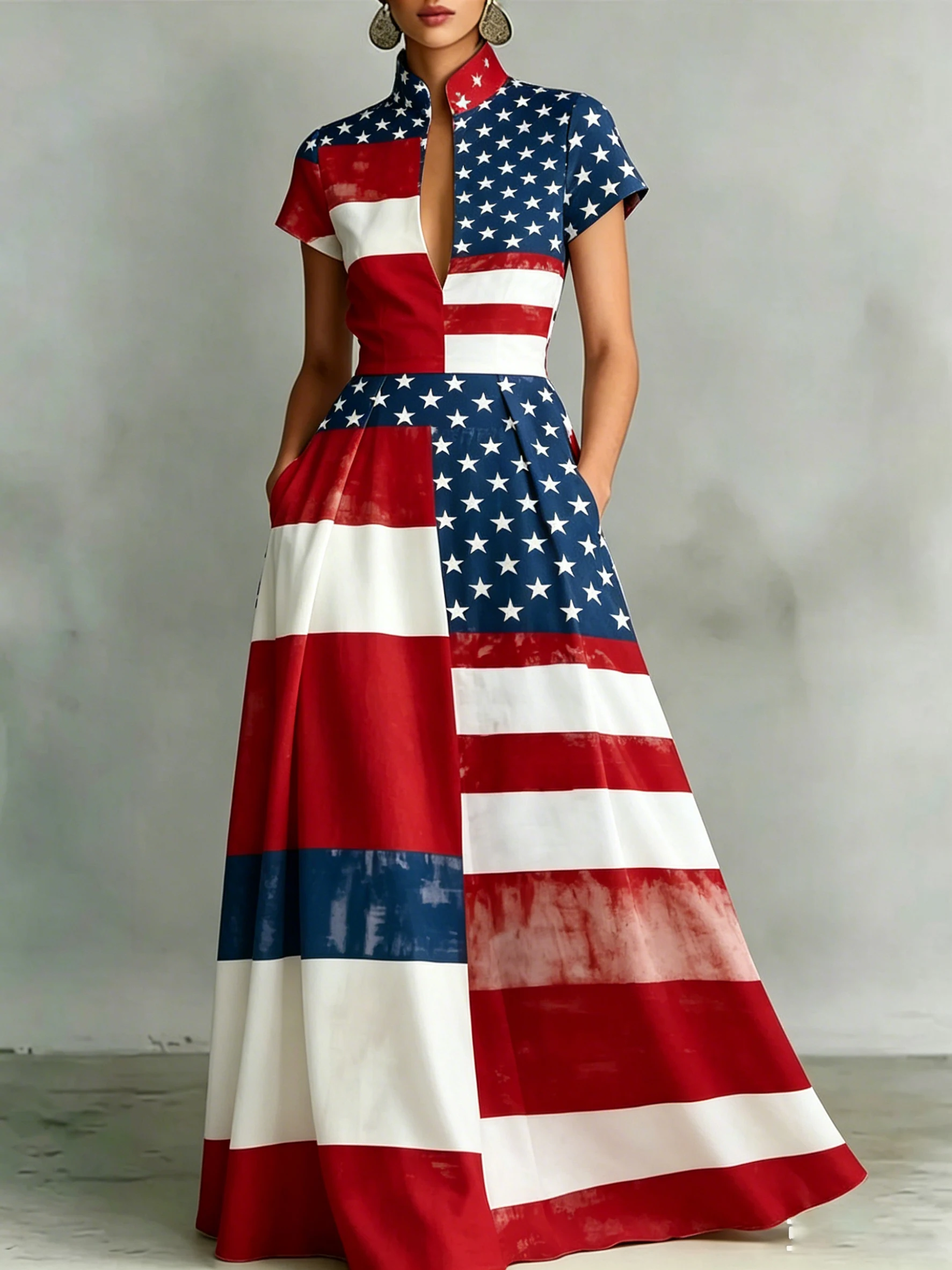 Fashion Women Elegant Flag Print Maxi Dress Stand Collar Short Sleeve High Waist Vintage Casual Party Evening Long Vestidos
Fashion Women Elegant Flag Print Maxi Dress Stand Collar Short Sleeve High Waist Vintage Casual Party Evening Long Vestidos