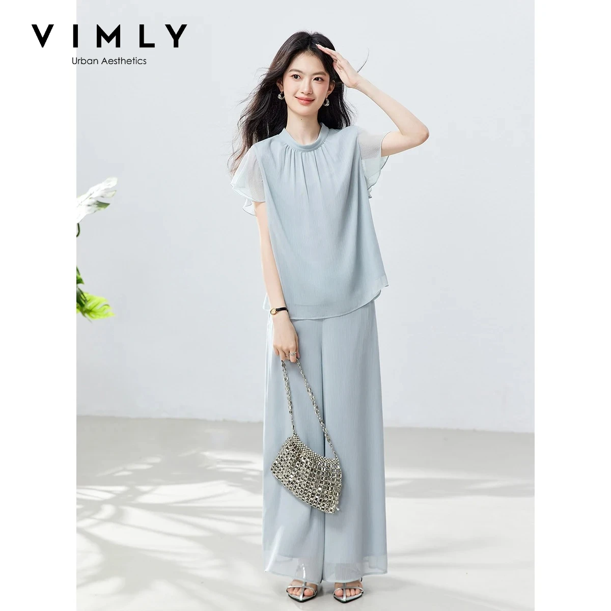 VIMLY Minimalist Casual Women's Matching Sets Mock Neck Ruffle Sleeve T-shirt Wide Leg Pants Summer Office 2 Piece Outfits A6313
VIMLY Minimalist Casual Women's Matching Sets Mock Neck Ruffle Sleeve T-shirt Wide Leg Pants Summer Office 2 Piece Outfits A6313