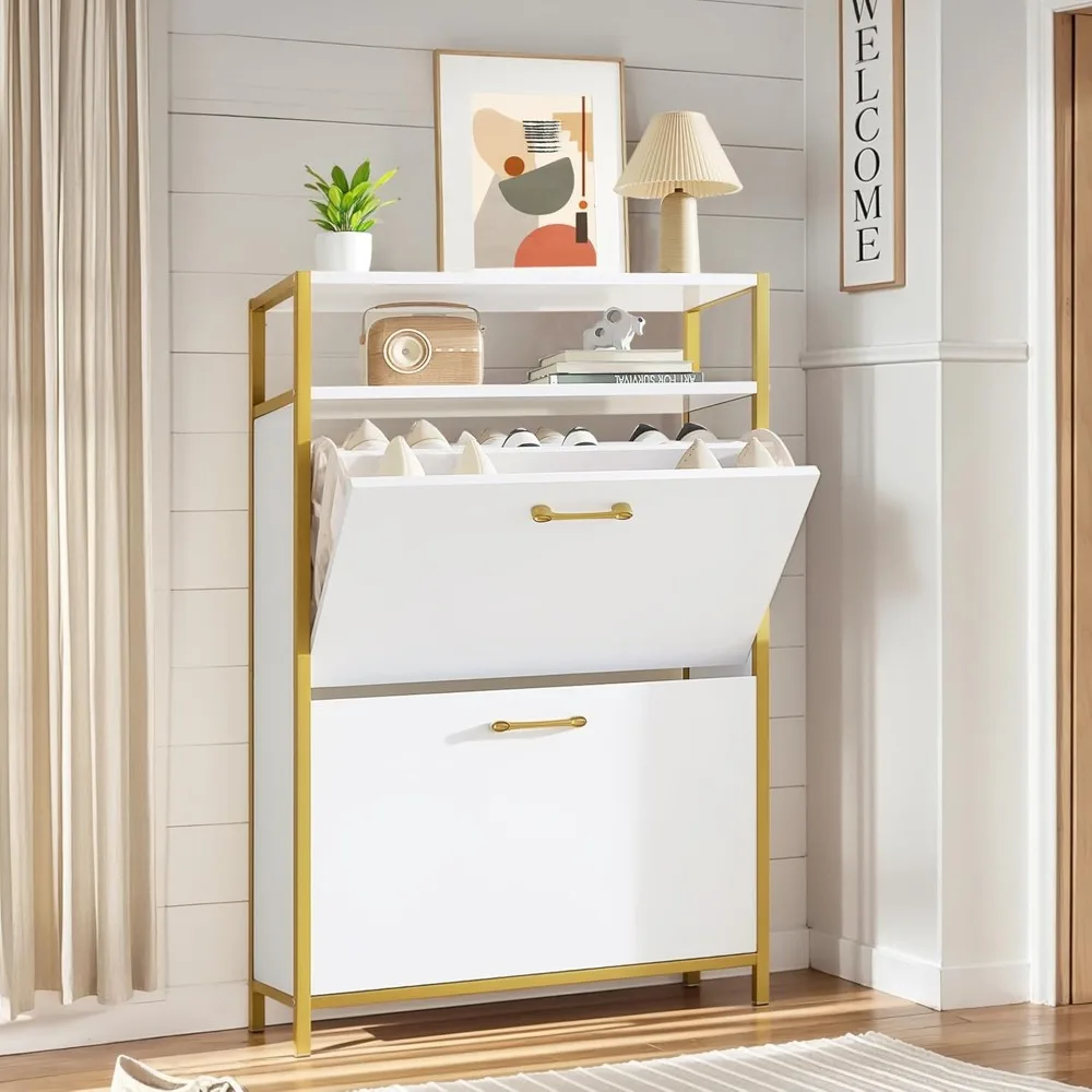 Shoe Storage Cabinet with 2 Flip Drawers for Entryway, Modern Slim Hidden Freestanding Organizer with Metal Legs for Hallway 
Shoe Storage Cabinet with 2 Flip Drawers for Entryway, Modern Slim Hidden Freestanding Organizer with Metal Legs for Hallway