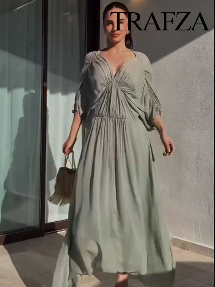 HH Women's Summer Fashion V-neck Pleated Decoration Short Sleeve Mid Dress Female Elegant Backless Solid Sexy Long Dress 
HH Women's Summer Fashion V-neck Pleated Decoration Short Sleeve Mid Dress Female Elegant Backless Solid Sexy Long Dress