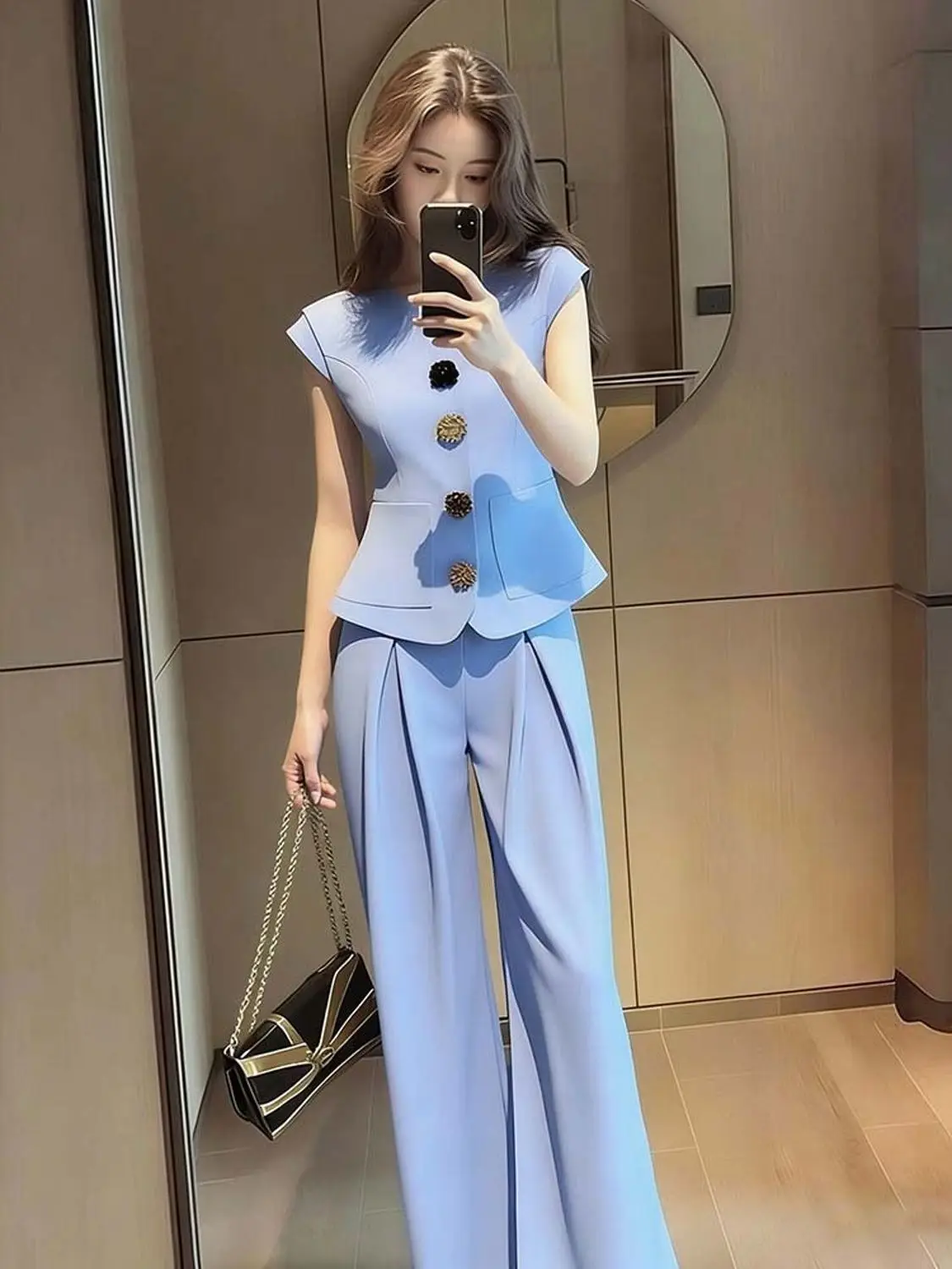 Luxury Sky Blue Tailored Vest and Wide Leg Pants Set for Women Elegant 2-Piece Co-ord Outfit with Decorative Buttons for Work
Luxury Sky Blue Tailored Vest and Wide Leg Pants Set for Women Elegant 2-Piece Co-ord Outfit with Decorative Buttons for Work