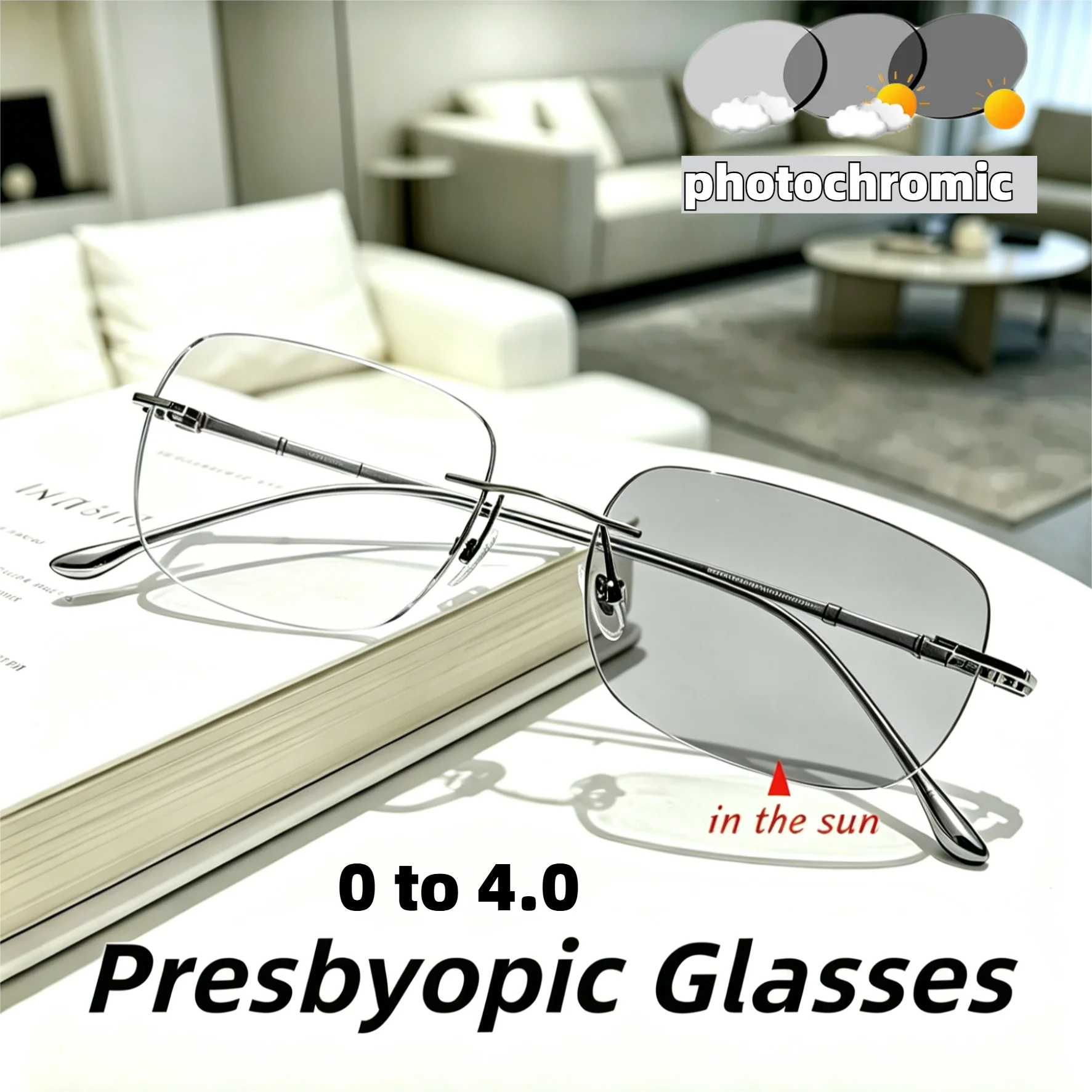 Photochromic Rimless Presbyopic Glasses Titanium Frame Anti Blue Light Reading Eyeglasses for Men Women 0 To 4.0 Diopters
Photochromic Rimless Presbyopic Glasses Titanium Frame Anti Blue Light Reading Eyeglasses for Men Women 0 To 4.0 Diopters