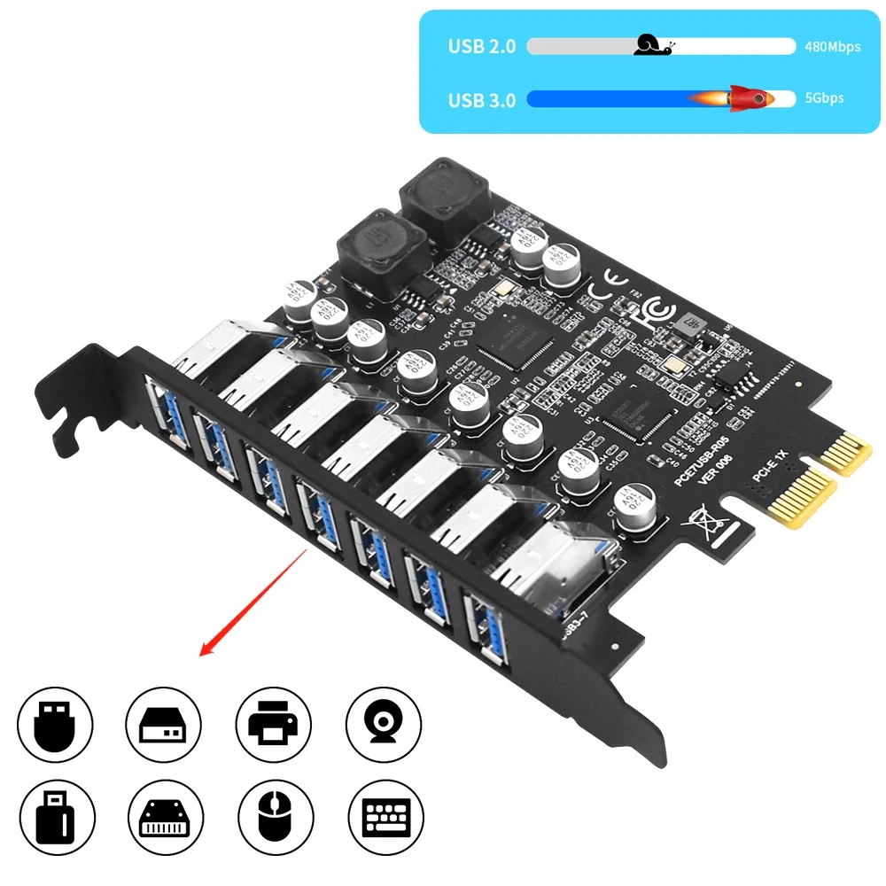 USB 3.2 Gen1 PCI Express Умножитель PCI E на 7 портов USB 3 Концентратор Адаптер расширения Контроллер PCI-E 1X для настольного компьютера
USB 3.2 Gen1 PCI Express Умножитель PCI E на 7 портов USB 3 Концентратор Адаптер расширения Контроллер PCI-E 1X для настольного компьютера