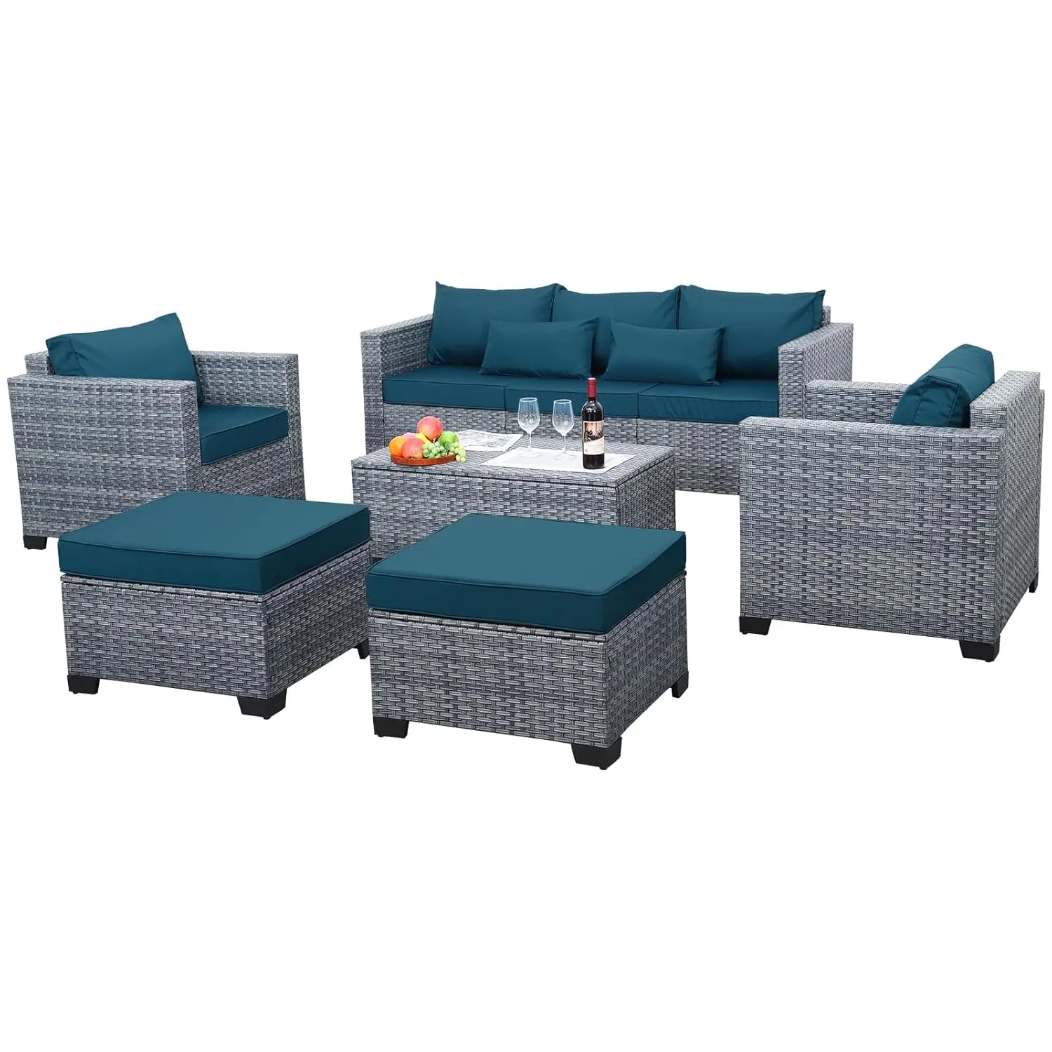 6 Pieces Wattan Patio Furniture Set Outdoor Sectional Sofa Couch Storage Table Peacock Blue Cushion, Customized
6 Pieces Wattan Patio Furniture Set Outdoor Sectional Sofa Couch Storage Table Peacock Blue Cushion, Customized