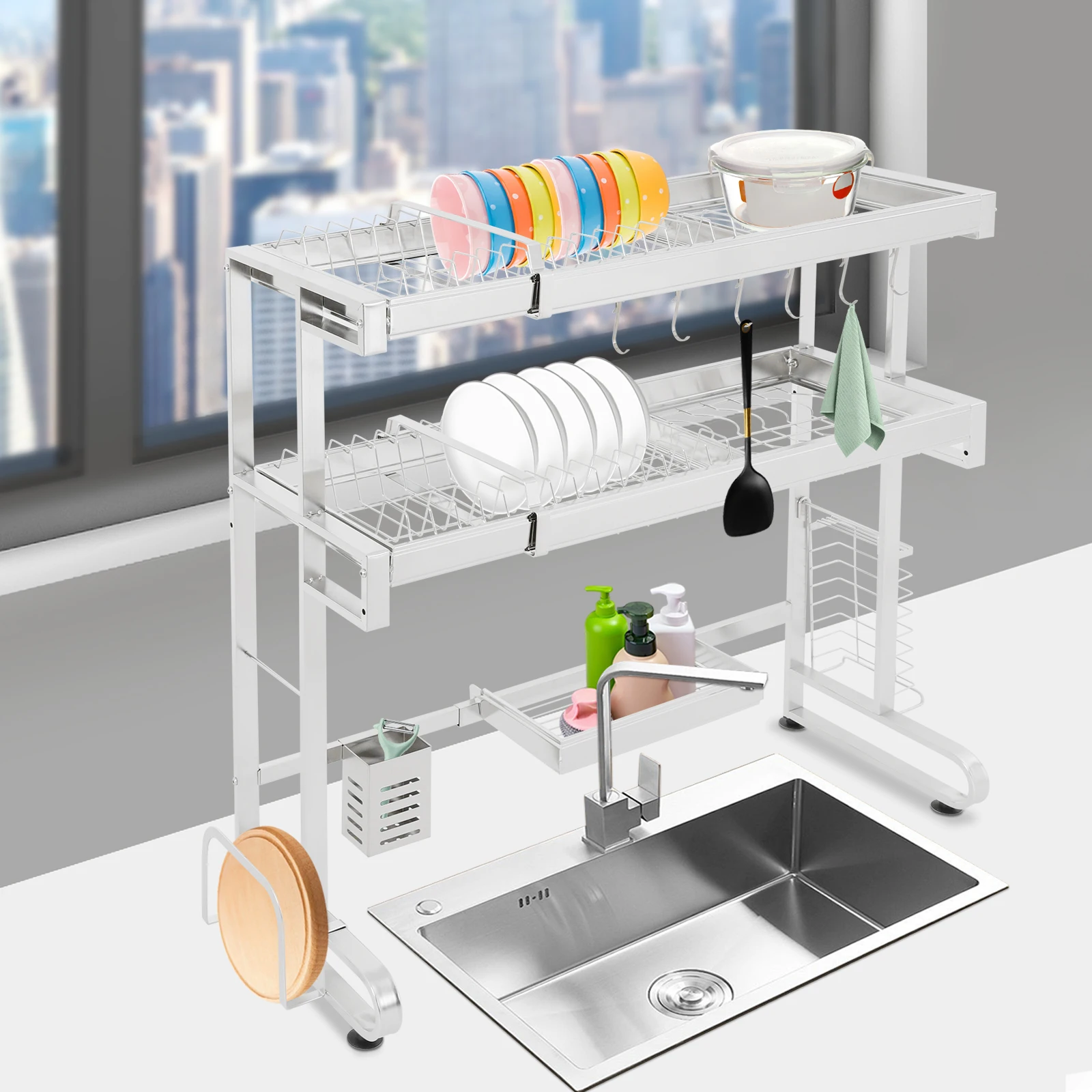 Extendable Dish Rack, 2 Tier Stainless Steel Drying Rack Sink Organizer, 304 Kitchen Utensil Holder for Plates Cups Bowls
Extendable Dish Rack, 2 Tier Stainless Steel Drying Rack Sink Organizer, 304 Kitchen Utensil Holder for Plates Cups Bowls