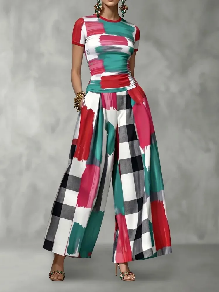 Yeezzi Women's Contrast Color Plaid Printed 2 Piece Sets Short Sleeves Skinny T-Shits & High Waisted Wide Leg Pleated Trousers
Yeezzi Women's Contrast Color Plaid Printed 2 Piece Sets Short Sleeves Skinny T-Shits & High Waisted Wide Leg Pleated Trousers