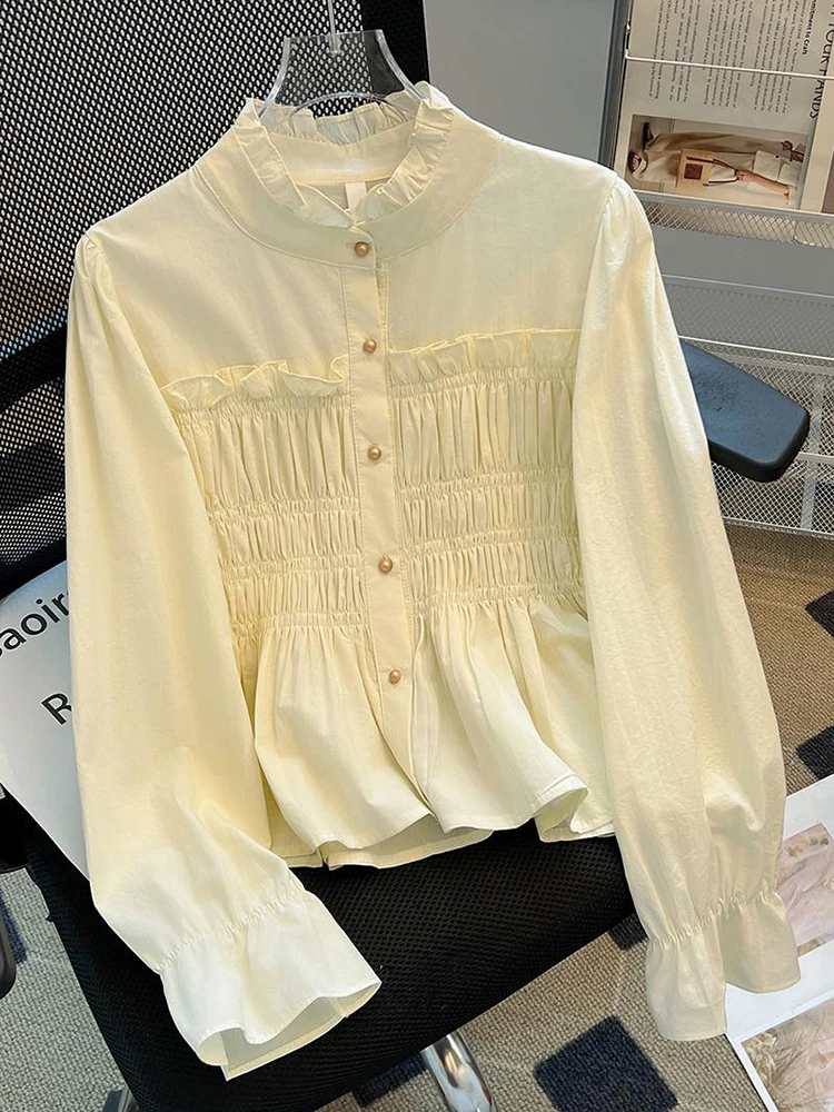 New Round Neck Elastic Slim Fit Women Sweet Shirt Korean Fashion Solid Color Wrinkled Single Breasted Long Sleeved Women's Top
New Round Neck Elastic Slim Fit Women Sweet Shirt Korean Fashion Solid Color Wrinkled Single Breasted Long Sleeved Women's Top