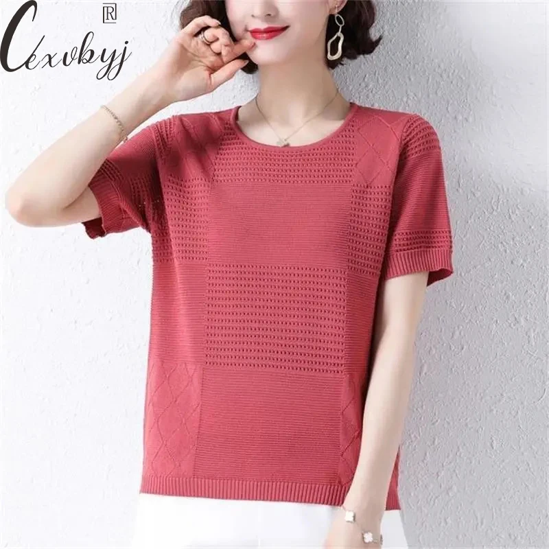 Women's Knit T-Shirt Korean Fashion Ice Silk Summer Pullovers Casual Loose Short Sleeve Knitwear Tops Temperament Hollow Out Tee
Women's Knit T-Shirt Korean Fashion Ice Silk Summer Pullovers Casual Loose Short Sleeve Knitwear Tops Temperament Hollow Out Tee