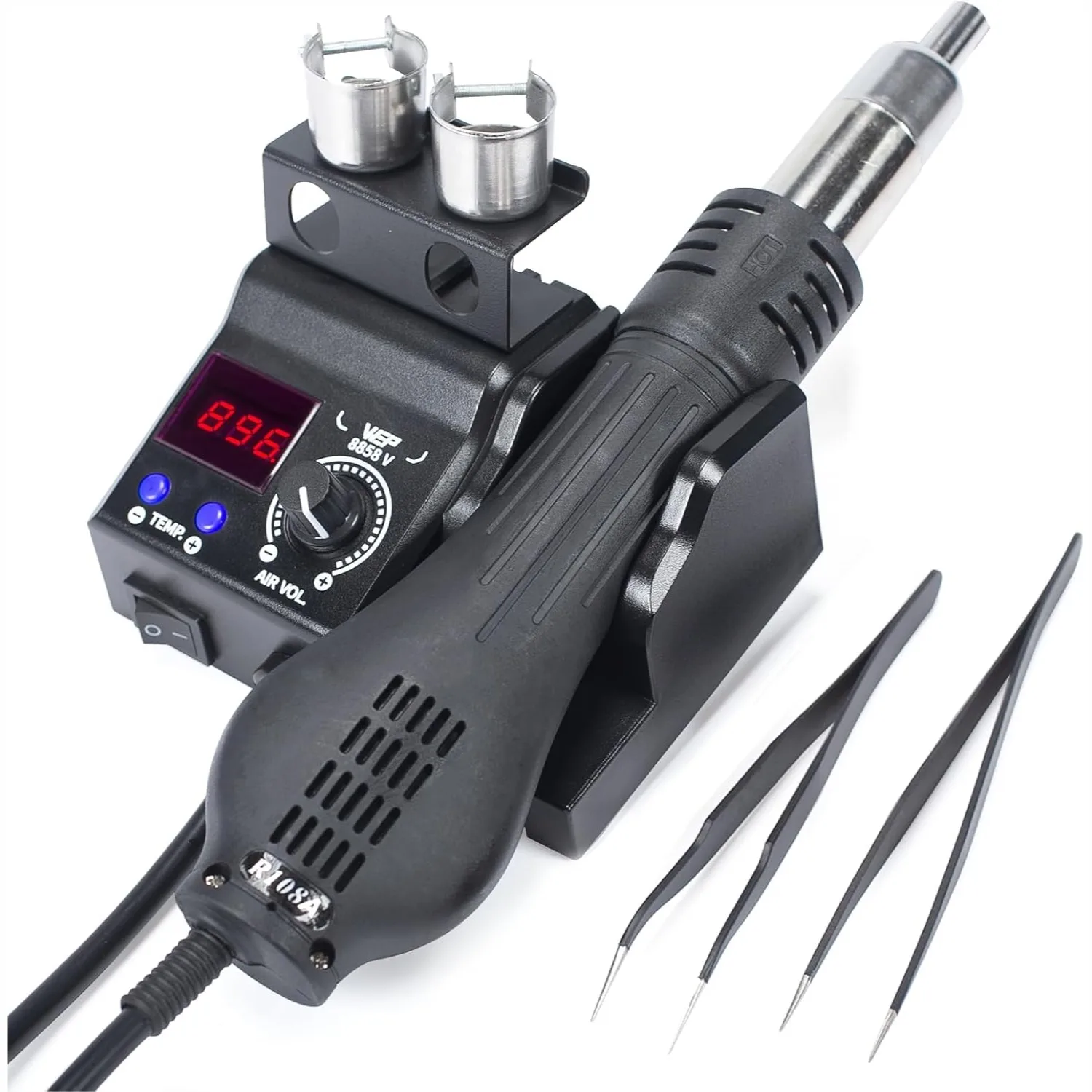 Hot Air Rework Station Kit With Compact Size, 3 Nozzles, 2 Tweezers, Adjustable Temperature And Air Volume, PID Program, °C/°F Conversion
Hot Air Rework Station Kit With Compact Size, 3 Nozzles, 2 Tweezers, Adjustable Temperature And Air Volume, PID Program, °C/°F Conversion