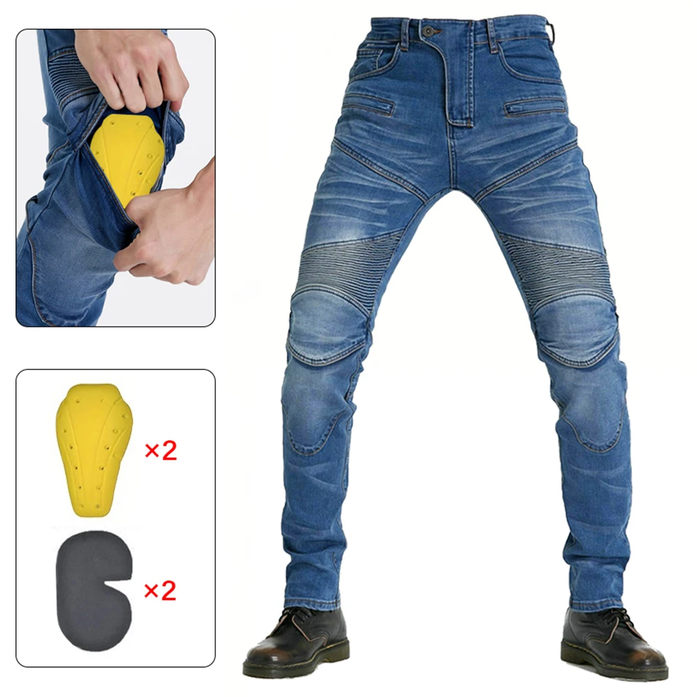 Riding Motorcycle jeans, knee detachable men's pants, fitted elastic jeans with slanted pockets and front zipper
Riding Motorcycle jeans, knee detachable men's pants, fitted elastic jeans with slanted pockets and front zipper