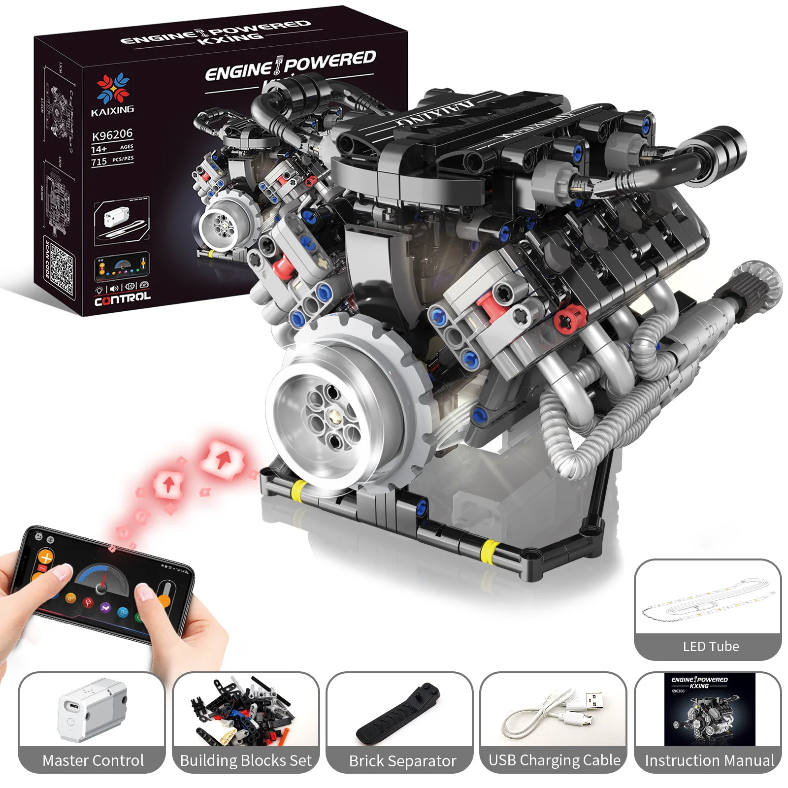 715PCS K96206 V8 Engine Model Bricks MOC Kit Programmable Car Building Blocks with LED Lights & APP Control STEM Educational Toy