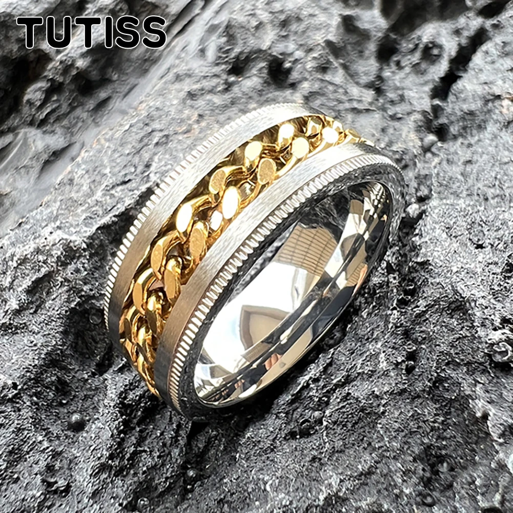TUTISS New Cool 8mm Stainless Steel Wedding Band High Quality Spinner Chain Rotable Streak Ring for Women Man Punk Party Jewelry
TUTISS New Cool 8mm Stainless Steel Wedding Band High Quality Spinner Chain Rotable Streak Ring for Women Man Punk Party Jewelry