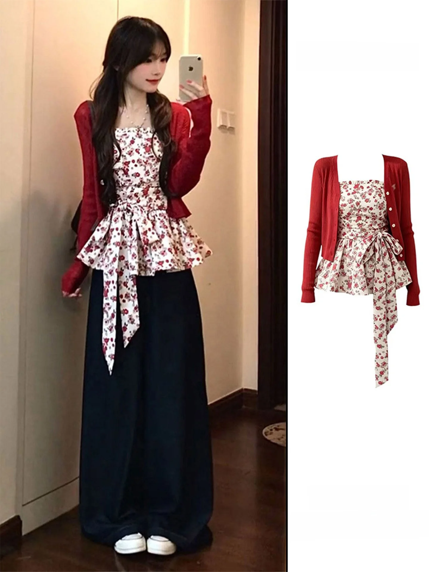Retro Korean Floral Print Tube Top And Open Cardigan Wide Leg Pants Summer Sun Protection Women's Fashion Set Casual Workwear
Retro Korean Floral Print Tube Top And Open Cardigan Wide Leg Pants Summer Sun Protection Women's Fashion Set Casual Workwear