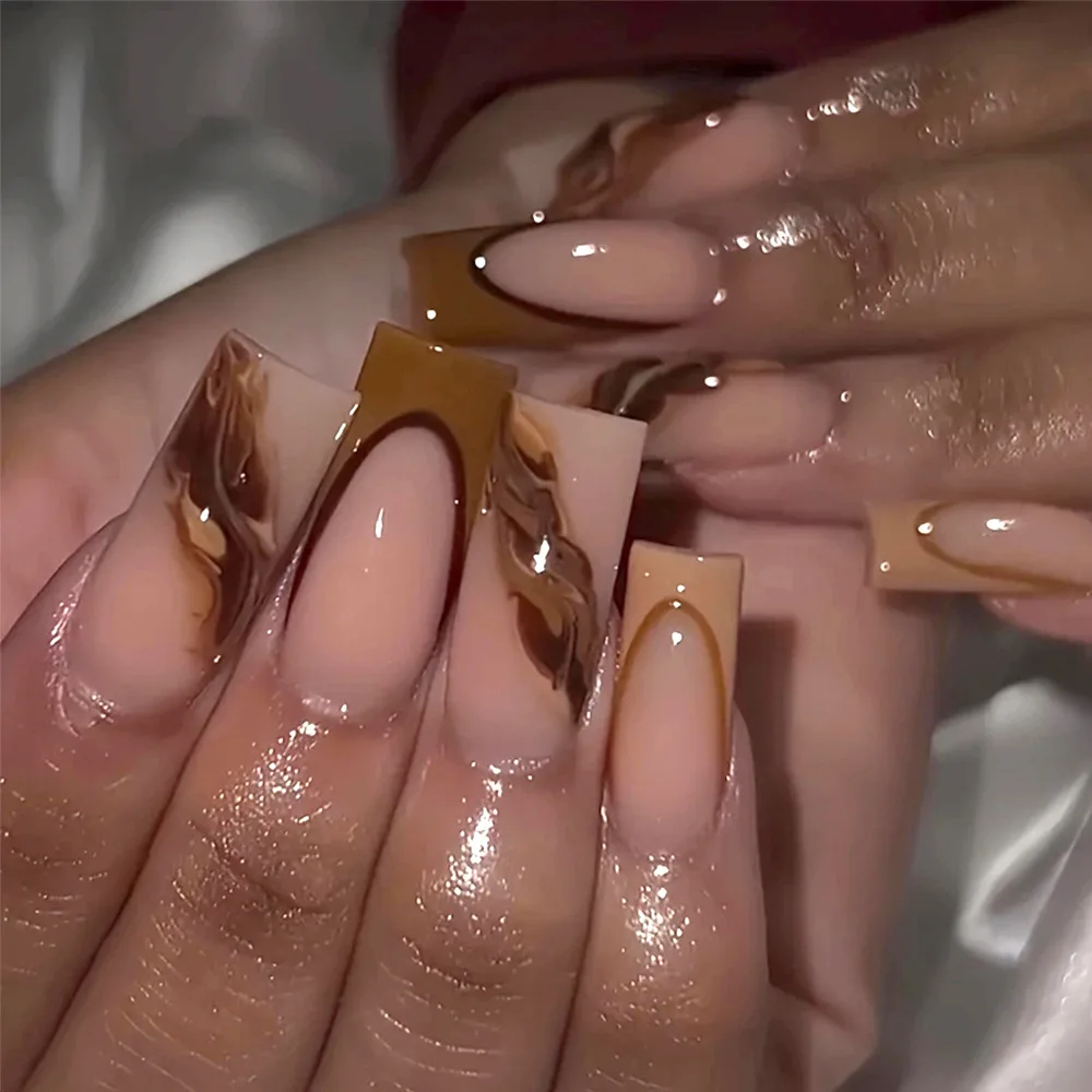 24Pcs Mid-length Square Head Fake Nails Brown French Design Press on False Nails Marble Pattern Detachable Full Cover Nails Tips
24Pcs Mid-length Square Head Fake Nails Brown French Design Press on False Nails Marble Pattern Detachable Full Cover Nails Tips