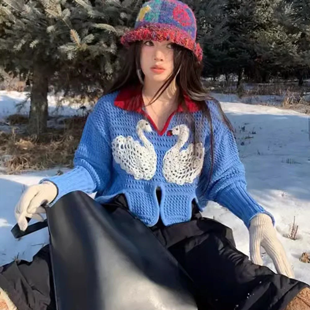 Autumn Winter Women's Hooked Flower Sweater With Flip Collar Swan Printed Knit Bottoming Shirt Fashion Cute Long Sleeve Pullover
Autumn Winter Women's Hooked Flower Sweater With Flip Collar Swan Printed Knit Bottoming Shirt Fashion Cute Long Sleeve Pullover
