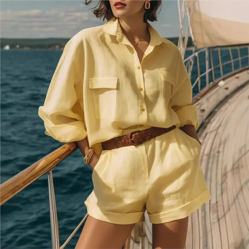 Stylish Linen Blend Two-Piece Set - Button-down Shirt and High-Waisted Shorts - Women's Casual Beach Resort Wear
Stylish Linen Blend Two-Piece Set - Button-down Shirt and High-Waisted Shorts - Women's Casual Beach Resort Wear